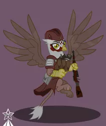 Size: 4245x5021 | Tagged: safe, artist:devorierdeos, derpibooru import, oc, unofficial characters only, gryphon, fallout equestria, armor, bag, carbine, clothes, flying, griffon oc, gun, image, military, military uniform, paws, png, pouch, red eye army, rifle, signal pistol, soar, spread wings, uniform, war paint, weapon, wings, yellow eyes