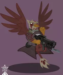 Size: 4245x5021 | Tagged: safe, artist:devorierdeos, derpibooru import, oc, unofficial characters only, gryphon, armor, armor skirt, bayonet, clothes, combat knife, flying, griffon oc, gun, image, military, military uniform, paws, png, pouch, red eye army, red eyes, simple background, skirt, spread wings, submachinegun, uniform, war paint, weapon, wings