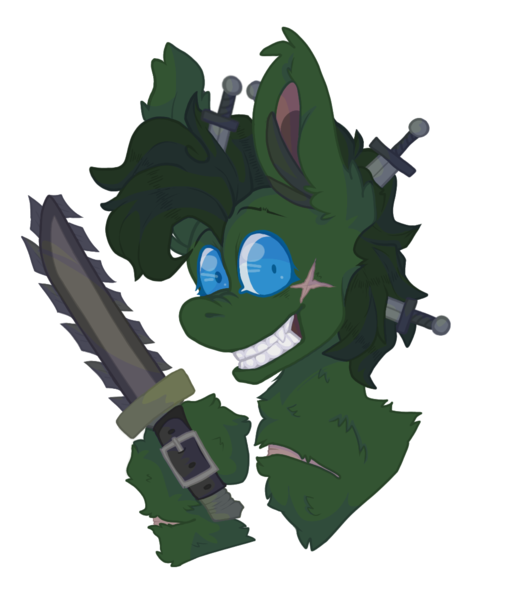 Size: 1000x1185 | Tagged: safe, artist:devil sugar, derpibooru import, oc, oc:binge, unofficial characters only, earth pony, pony, fallout equestria, chainsaw, derpibooru exclusive, fallout equestria x wild arms: trigger to tomorrow, image, knife, png, raider, scar, simple background, smiling, transparent background