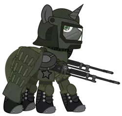 Size: 1259x1205 | Tagged: safe, artist:devorierdeos, derpibooru import, oc, unofficial characters only, pony, unicorn, fallout equestria, armor, armor skirt, boots, clothes, green eyes, gun, helmet, horn, image, machine gun, military, military uniform, png, pony oc, shoes, simple background, skirt, transparent background, unicorn oc, uniform, weapon