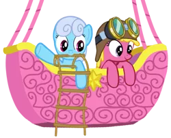 Size: 755x610 | Tagged: safe, artist:azgchip, derpibooru import, cherry berry, linky, shoeshine, earth pony, pony, digital art, duo, female, goggles, hot air balloon, image, ladder, mare, mouth hold, png, simple background, transparent background, waving