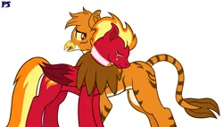 Size: 2168x1235 | Tagged: safe, artist:peregrinstaraptor, derpibooru import, oc, oc:gareth, oc:sunfyre, unofficial characters only, gryphon, pegasus, pony, crying, image, male, png, simple background, stallion, white background