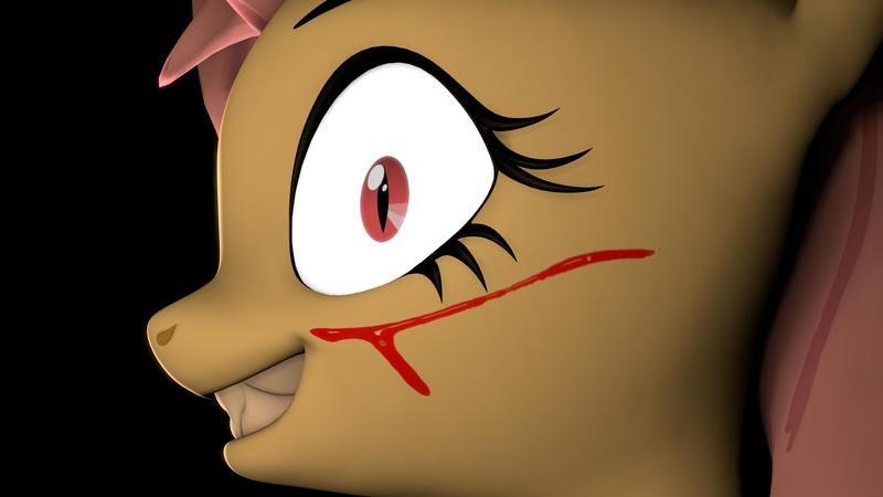 Size: 3840x2160 | Tagged: semi-grimdark, derpibooru import, fluttershy, bat pony, pegasus, pony, 3d, bat ponified, blood, blood on face, fangs, female, flutterbat, image, insanity, manic grin, png, race swap, slit pupils, solo, source filmmaker