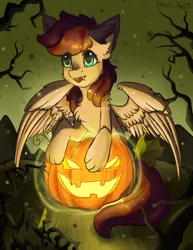 Size: 1591x2059 | Tagged: safe, artist:yuris, derpibooru import, oc, oc:speedy winchester, unofficial characters only, hybrid, pegasus, pony, alternate character, commission, halloween, holiday, image, paws, png, smiling, solo, ych result