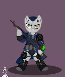 Size: 4245x5021 | Tagged: safe, artist:devorierdeos, derpibooru import, oc, earth pony, pony, fallout equestria, armor, belt, body armor, boots, clothes, earth pony oc, flask, gun, image, pipbuck, png, pony oc, red eye army, rifle, shoes, short hair, simple background, stable armor, stable pony, stable-tec, standing, vault suit, weapon, yellow eyes