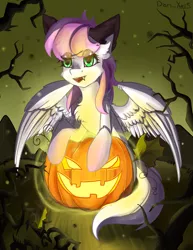 Size: 1591x2059 | Tagged: safe, artist:yuris, derpibooru import, oc, oc:flutter cat, unofficial characters only, pegasus, pony, alternate character, commission, halloween, holiday, image, png, smiling, solo, ych result