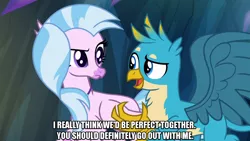 Size: 1280x720 | Tagged: safe, derpibooru import, edit, edited screencap, editor:jaredking203, screencap, gallus, silverstream, classical hippogriff, gryphon, hippogriff, season 8, what lies beneath, spoiler:s08, caption, female, image, image macro, male, meme, png, text