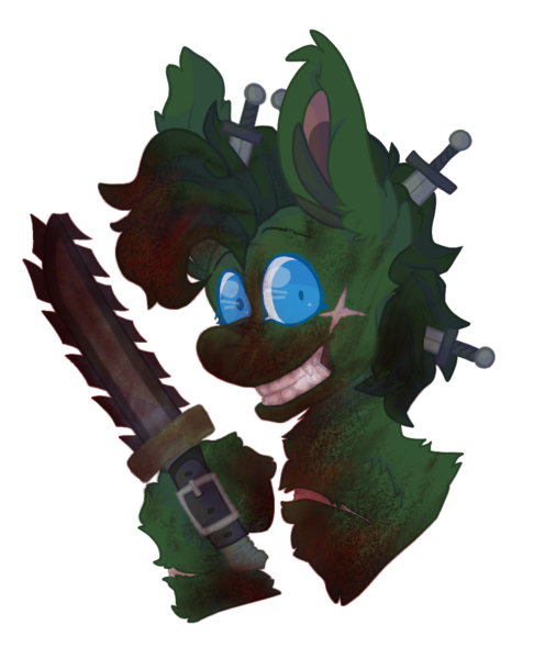 Size: 1000x1185 | Tagged: semi-grimdark, alternate version, artist:devil sugar, derpibooru import, oc, oc:binge, unofficial characters only, earth pony, pony, fallout equestria, blood, chainsaw, derpibooru exclusive, fallout equestria x wild arms: trigger to tomorrow, fanfic art, image, knife, png, raider, scar, simple background, smiling, transparent background