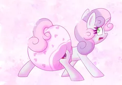 Size: 1829x1280 | Tagged: suggestive, artist:zalakir, derpibooru import, sweetie belle, pony, abstract background, diaper, diaper fetish, female, fetish, filly, image, looking back, open mouth, png, poofy diaper, solo, solo female, spread legs, spreading