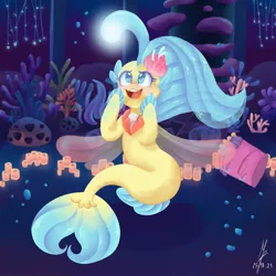 Size: 1024x1024 | Tagged: safe, artist:mappyprang22, derpibooru import, princess skystar, seapony (g4), my little pony: the movie, blue eyes, blue mane, blushing, bubble, clothes, coral, dorsal fin, female, fins, fin wings, fish tail, flower, flower in hair, flowing mane, flowing tail, freckles, glow, image, jewelry, jpeg, looking up, necklace, ocean, open mouth, open smile, pearl necklace, red wings, seaquestria, seaweed, see-through, signature, smiling, solo, tail, teeth, underwater, water, wings