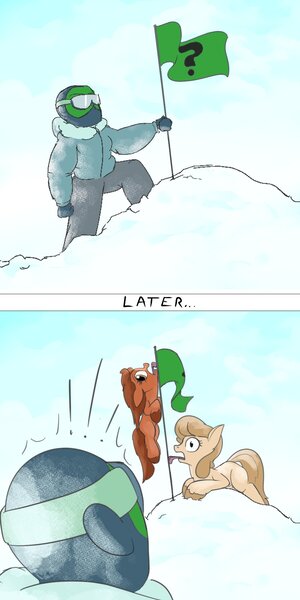 Size: 1000x2000 | Tagged: safe, artist:rocket-lawnchair, derpibooru import, oc, oc:anon, oc:bright earth, oc:snow glide, human, pony, taiga pony, clothes, comic, flag, flag pole, hanging, image, jpeg, silly, silly pony, snow, tongue out, tongue stuck to pole, winter outfit
