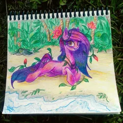 Size: 1080x1080 | Tagged: safe, artist:annvakki, derpibooru import, oc, unofficial characters only, earth pony, pony, beach, female, image, jpeg, lying down, mare, prone, solo, traditional art