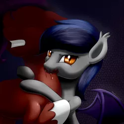 Size: 1250x1250 | Tagged: safe, artist:renatethepony, derpibooru import, oc, oc:echo, unofficial characters only, bat pony, pony, bat pony oc, bat wings, blood, duo, eyelashes, female, gritted teeth, image, male, mare, neck bite, png, stallion, unshorn fetlocks, wings