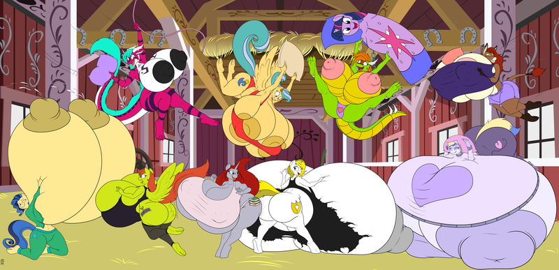 Size: 12080x5840 | Tagged: questionable, artist:badgerben, artist:pacificside18, derpibooru import, twilight sparkle, oc, oc:angela, oc:lidia, oc:lynette, oc:milky way, oc:pacific breeze, oc:silver stitch, oc:white heart, oc:young weird, anthro, digitigrade anthro, unguligrade anthro, absurd resolution, anthro oc, areola, areola slip, ass, barn, big areola, big breasts, big nipples, body pillow, bottomless, bra, breast milk, breasts, breasts on floor, bump, butt, clothes, erect nipples, female, females only, huge breasts, huge butt, hyper, hyper breasts, image, impossibly large areola, impossibly large breasts, impossibly large butt, impossibly large nipples, lactation, large butt, leggings, milk, nipple outline, nipples, nudity, panties, partial nudity, pillow, pillow fight, png, rope, rule 63, shorts, sports bra, sweet apple acres, swinging, tight clothing, topless, torn clothes, underwear, wardrobe malfunction