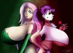 Size: 4096x2978 | Tagged: suggestive, artist:ringteam, derpibooru import, fluttershy, rarity, human, absolute cleavage, big breasts, breasts, busty fluttershy, busty rarity, candy, cleavage, clothes, cosplay, costume, dc comics, female, food, halloween, halloween costume, harley quinn, holiday, huge breasts, humanized, image, impossibly large breasts, jpeg, lollipop, poison ivy