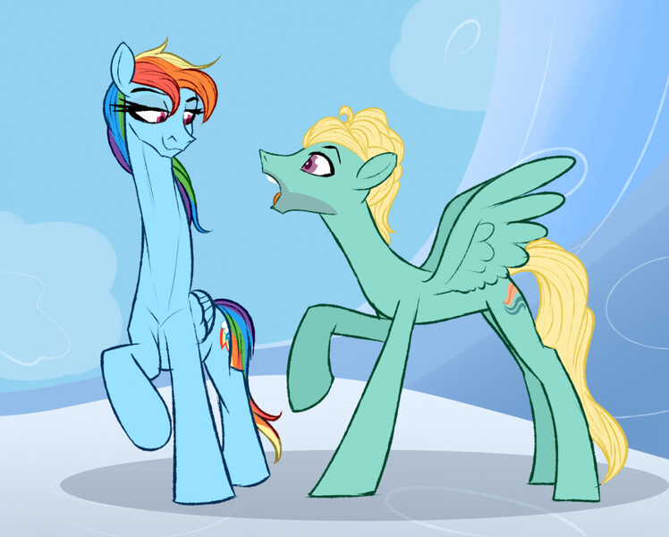 Size: 1280x1027 | Tagged: safe, artist:astr0zone, derpibooru import, rainbow dash, zephyr breeze, pegasus, pony, bedroom eyes, cloud, female, height difference, image, impossibly long neck, jaw drop, jpeg, long neck, looking at each other, male, mare, necc, on a cloud, open mouth, raised hoof, shipping, shocked, smiling, smirk, smug, spread wings, straight, stretchy, tall, wingboner, wings, zephdash