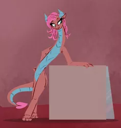 Size: 1215x1280 | Tagged: safe, artist:astr0zone, derpibooru import, mina, dragon, dragoness, female, image, jpeg, lanky, leaning, long neck, necc, open mouth, open smile, shelf, smiling, smug, solo, stretchy, tall, thin