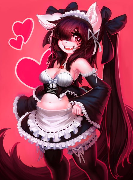 Size: 3839x5177 | Tagged: suggestive, artist:saikoot, derpibooru import, oc, oc:selina, unofficial characters only, anthro, earth pony, apron, bangs, belly button, bow, breasts, brown hair, cleavage, clothes, corset, detached sleeves, earth pony oc, eyelashes, female, females only, frills, frilly, hair over one eye, hair tie, hand on hip, heart, heart eyes, image, jewelry, jpeg, long hair, looking at you, maid, maid headdress, midriff, open mouth, pigtails, pony ears, ruby, simple background, skirt, smiling, smiling at you, socks, solo, standing, stockings, tail, thigh highs, twintails, wingding eyes