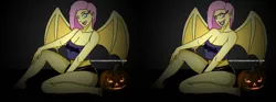 Size: 5988x2216 | Tagged: safe, artist:sandypeacebringer, derpibooru import, fluttershy, bat pony, equestria girls, barefoot, bat ponified, bat wings, breasts, cleavage, clothes, fangs, feet, female, flutterbat, halloween, holiday, image, jack-o-lantern, jpeg, one eye closed, open mouth, open smile, pointed ears, pumpkin, race swap, red eyes, smiling, solo, wings, wink