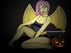 Size: 2993x2214 | Tagged: safe, alternate version, artist:sandypeacebringer, derpibooru import, fluttershy, bat pony, equestria girls, barefoot, bat ponified, bat wings, breasts, cleavage, clothes, feet, female, flutterbat, halloween, holiday, image, jack-o-lantern, one eye closed, open mouth, open smile, png, pumpkin, race swap, smiling, solo, wings, wink