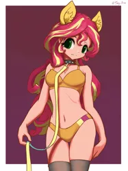 Size: 967x1290 | Tagged: suggestive, alternate version, artist:tinybenz, derpibooru import, sunset shimmer, equestria girls, :3, abstract background, bare shoulders, beautiful, beautisexy, belly button, bra, breasts, cleavage, clothes, collar, ear fluff, eyebrows, eyebrows visible through hair, eyelashes, fake ears, female, green eyes, human coloration, image, jpeg, leash, looking at you, out of frame, panties, pet play, reasonably sized breasts, sexy, signature, skindentation, sleeveless, socks, solo, solo female, sparkly eyes, stockings, thigh gap, thigh highs, thighs, two colour hair, two toned hair, underwear, wingding eyes