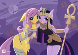 Size: 1407x1000 | Tagged: suggestive, artist:howxu, derpibooru import, fluttershy, twilight sparkle, anthro, ankh, bare shoulders, blushing, clothes, costume, duo, duo female, egyptian, female, floppy ears, halloween, halloween costume, holiday, image, looking at you, mummy, :o, one eye closed, open mouth, open smile, patreon, patreon logo, png, smiling, wink