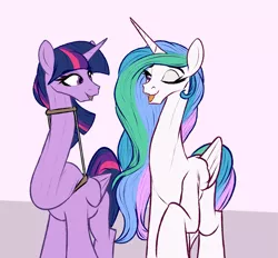 Size: 1143x1059 | Tagged: safe, artist:astr0zone, derpibooru import, princess celestia, twilight sparkle, twilight sparkle (alicorn), alicorn, pony, duo, duo female, female, image, impossibly long neck, long neck, looking at each other, mare, necc, neck brace, neck stretching, one eye closed, open mouth, open smile, pink background, png, princess necklestia, raised hoof, saggy, simple background, smiling, stretchy, tall, twisted neck, walking