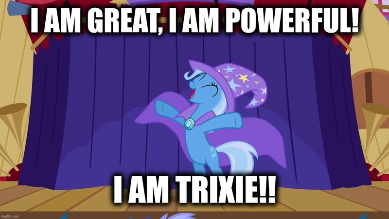 Size: 1280x720 | Tagged: safe, derpibooru import, edit, edited screencap, screencap, trixie, pony, unicorn, boast busters, cape, captain obvious, caption, clothes, eyes closed, female, great and powerful, hat, image, image macro, jpeg, open mouth, solo, t pose, text, trixie's cape, trixie's hat