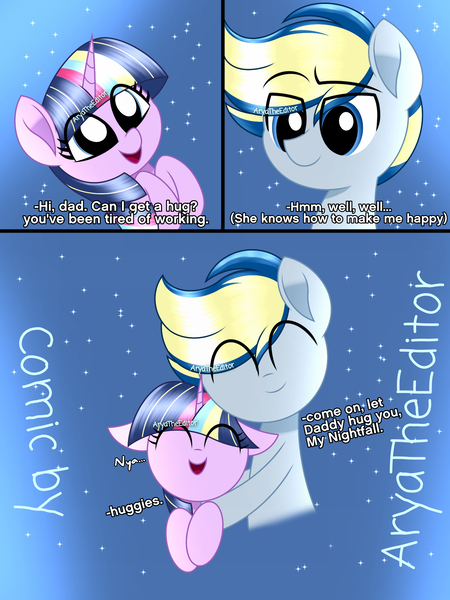 Size: 1500x2000 | Tagged: safe, artist:aryatheeditor, derpibooru import, oc, oc:nightfall sparkle, oc:velodash, pegasus, unicorn, adorable face, comic, cute, excited, father and child, father and daughter, female, happy, hug, image, male, png, smiley face