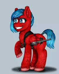 Size: 3200x4000 | Tagged: safe, artist:yumomochan, derpibooru import, pegasus, pony, ammunition, commission, crazy face, crazy smile, ear fluff, faic, female, full body, gun, handgun, harness, image, mare, original character do not steal, png, revolver, short hair, short tail, standing, tack, tail, teeth, weapon