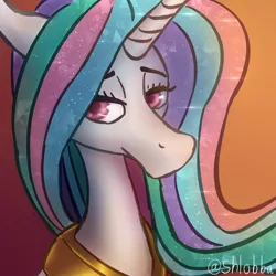 Size: 900x900 | Tagged: safe, artist:shlobba, derpibooru import, princess celestia, alicorn, pony, bust, female, gradient background, image, lidded eyes, mare, peytral, png, portrait, solo