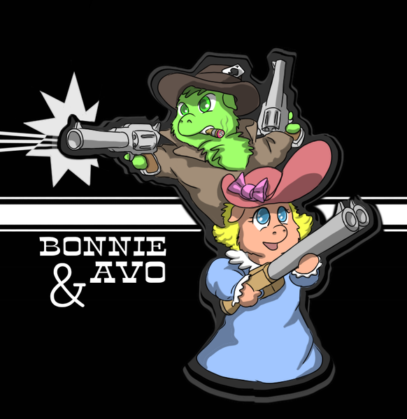 Size: 766x790 | Tagged: safe, artist:carpdime, derpibooru import, oc, oc:avocado, oc:bonnie, series:little avocado, bonnie and clyde, gun, image, parody, png, weapon