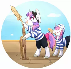 Size: 2173x2112 | Tagged: safe, artist:foxhatart, derpibooru import, oc, oc:penelope, oc:peridrop, unofficial characters only, pony, unicorn, clothes, female, filly, image, jpeg, mare, mouth hold, partial background, sailor uniform, sword, uniform, weapon, wooden sword