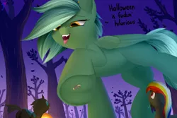 Size: 3840x2560 | Tagged: suggestive, artist:skanim-sdw, derpibooru import, oc, oc:darky wings, unofficial characters only, changeling, pegasus, pony, unicorn, commission, crush fetish, crushing, female, fetish, forest, giant pony, giantess, halloween, halloween ych, holiday, image, looking down, macro, macro/micro, male, micro, night, piercing, png, sharp teeth, stomping, teeth, tiny, tiny ponies, tree, underhoof, ych result