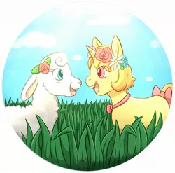 Size: 2024x2000 | Tagged: safe, artist:foxhatart, derpibooru import, oc, oc:dandelion, unofficial characters only, pony, sheep, unicorn, bow, colt, floral head wreath, flower, high res, image, jpeg, male, open mouth, partial background, tail, tail bow