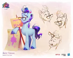 Size: 1080x860 | Tagged: safe, artist:celia kaspar, derpibooru import, earth pony, pony, my little pony: a new generation, argyle starshine, bust, concept art, expressions, eyes closed, g5, glasses, image, jpeg, male, messy mane, open mouth, portrait, sign, sketch, smiling, stallion, stray strand, twilight sparkle's cutie mark