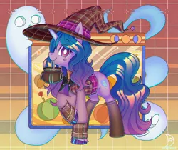Size: 3000x2516 | Tagged: safe, artist:musicfirewind, derpibooru import, izzy moonbow, ghost, pony, undead, unicorn, my little pony: a new generation, cauldron, clothes, costume, detached sleeves, error, g5, glitch, halloween, halloween costume, hat, holiday, image, jacket, jpeg, mouth hold, pumpkin, socks, solo, witch costume, witch hat