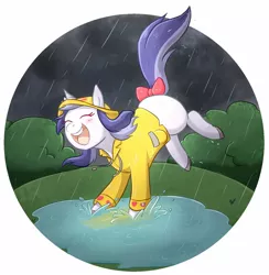 Size: 1508x1544 | Tagged: safe, artist:foxhatart, derpibooru import, oc, oc:violet, pony, unicorn, bow, female, happy, hat, image, jpeg, mare, open mouth, partial background, playing, puddle, rain, raincoat, solo, tail, tail bow