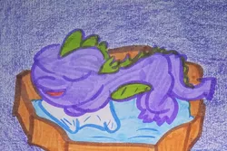 Size: 1280x857 | Tagged: safe, artist:dex stewart, derpibooru import, spike, dragon, bed, image, jpeg, sleeping, solo, traditional art