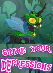 Size: 664x905 | Tagged: safe, derpibooru import, editor:horsesplease, queen chrysalis, changeling, changeling queen, caption, expand dong, exploitable meme, female, image, image macro, meme, png, pun, sad, text