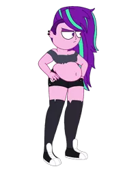 Size: 738x1024 | Tagged: suggestive, artist:jamesawilliams1996, derpibooru import, aria blaze, equestria girls, alternate hairstyle, aria blob, belly, belly button, chubby, clothes, costume, ear piercing, fat, halloween, halloween costume, helluva boss, holiday, image, loona (helluva boss), piercing, png, shoes, sneakers