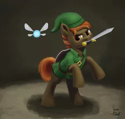 Size: 1150x1095 | Tagged: safe, artist:zevironmoniroth, derpibooru import, button mash, earth pony, fairy, pony, clothes, cosplay, costume, crossover, image, link, mouth hold, navi, newbie artist training grounds, nintendo, png, rearing, shield, signature, sword, the legend of zelda, video game crossover, weapon