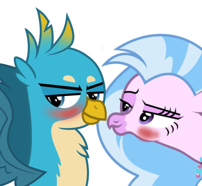 Size: 1474x1360 | Tagged: artist needed, suggestive, derpibooru import, gallus, silverstream, gryphon, hippogriff, about to kiss, bedroom eyes, blushing, female, gallstream, image, lucky bastard, lucky girl, male, png, shipping, show accurate, simple background, straight, transparent background