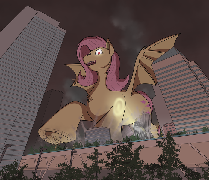 Size: 4174x3589 | Tagged: safe, artist:rapidstrike, derpibooru import, part of a set, fluttershy, bat pony, pony, absurd resolution, bat ponified, chest fluff, crush fetish, destruction, fangs, female, fetish, flutterbat, glow, glowing eyes, helicopter, image, macro, mare, part of a series, png, race swap, searchlight, underhoof