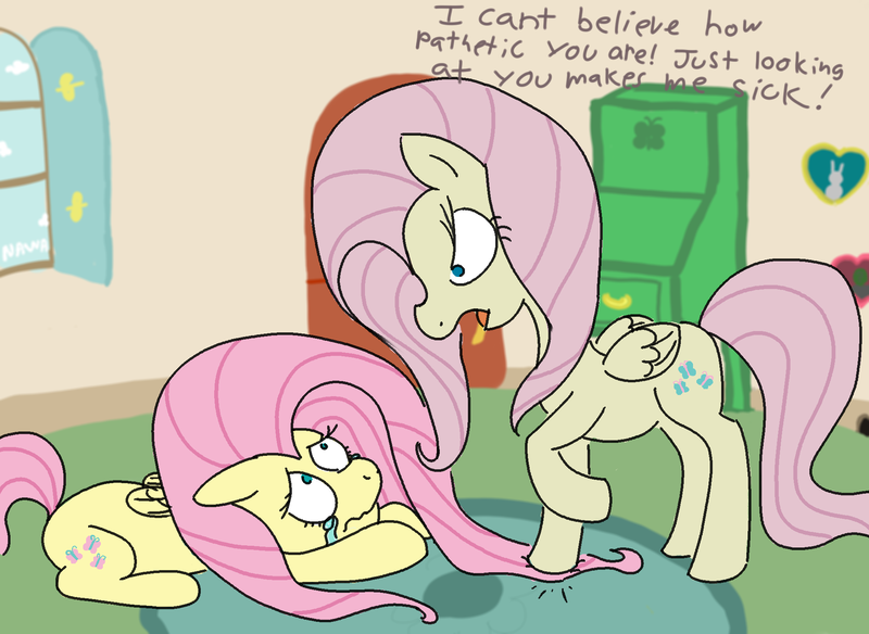 Size: 2000x1459 | Tagged: safe, artist:notawriteranon, derpibooru import, fluttershy, mean fluttershy, oc, oc:anon, pegasus, pony, the mean 6, clone, crying, female, image, insult, png