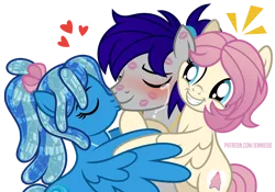 Size: 1100x770 | Tagged: safe, artist:jennieoo, derpibooru import, oc, oc:gentle star, oc:maverick, oc:ocean soul, earth pony, pegasus, pony, crying, embrace, happy, hug, image, kiss mark, kiss on the cheek, kissing, lipstick, love, png, show accurate, simple background, smiling, solo, tears of joy, teary eyes, transparent background, vector
