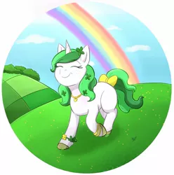 Size: 1470x1479 | Tagged: safe, artist:foxhatart, derpibooru import, oc, oc:clover, pony, unicorn, bow, eyes closed, female, image, jpeg, mare, partial background, rainbow, smiling, solo, tail, tail bow