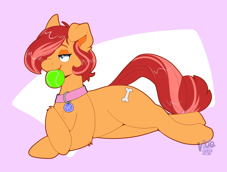 Size: 1280x973 | Tagged: suggestive, artist:maynara, derpibooru import, oc, oc:peaches(maynara), earth pony, abstract background, ball, collar, crossed hooves, image, jpeg, lying down, one eye covered, pet play, pet tag, solo, tennis ball