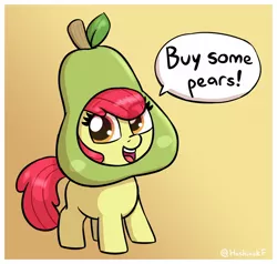 Size: 1516x1446 | Tagged: safe, artist:heretichesh, derpibooru import, apple bloom, earth pony, pony, adorabloom, buy some apples, clothes, costume, cute, dishonorapple, female, filly, food, food costume, fruit costume, gradient background, image, jpeg, looking at you, pear, solo, talking to viewer