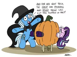 Size: 1024x757 | Tagged: safe, artist:bobthedalek, derpibooru import, starlight glimmer, trixie, pony, unicorn, assistant's outfit, bipedal, duo, hat, image, jpeg, magic show, pumpkin, simple background, white background, witch costume, witch hat